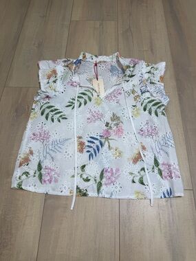 Solitaire White Floral Eyelet Ruffle Neck Blouse